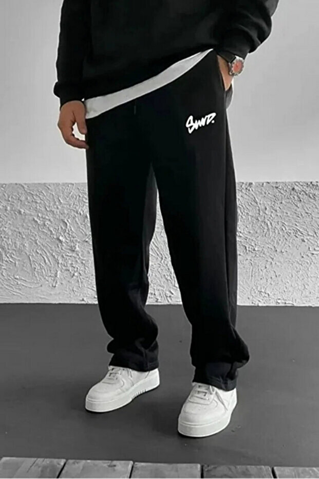 prtnc protonic Erkek Baggy Eşofman Altı 3 İplik Oversize Düz Paça Siyah