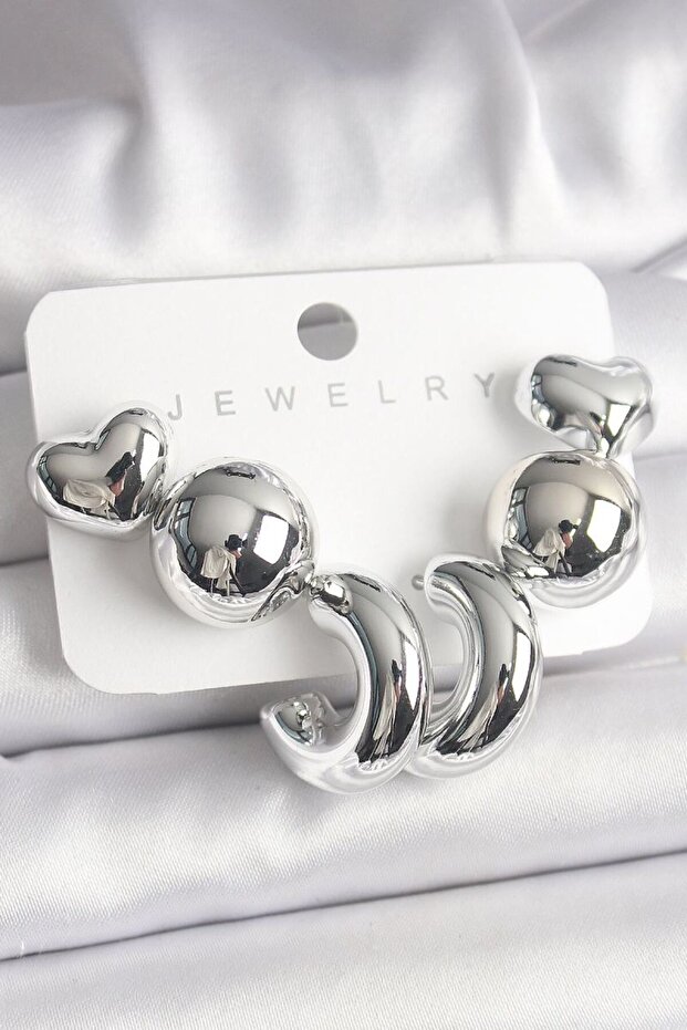 Silver Color Heart Hoop Figure Ccb Plastic Women's Earrings Set