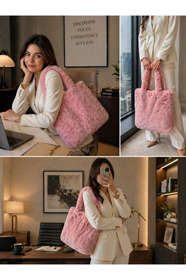 Pink Plush Shoulder Bag for Women – Soft Texture, Large Internal Volume, Lightweight, Daily Use, One Size Tote Bag