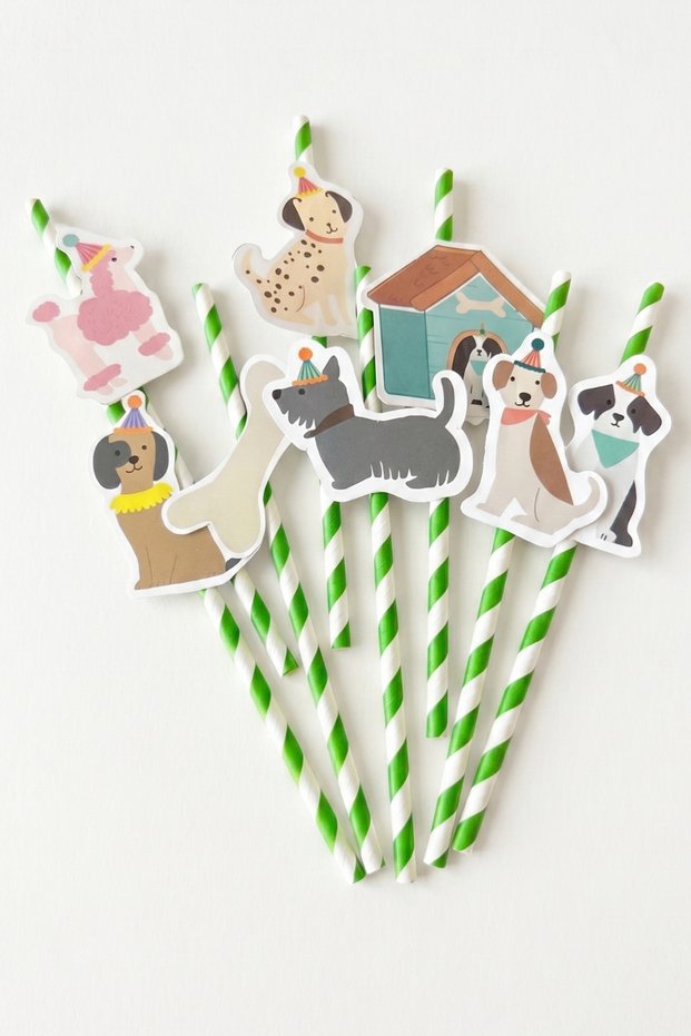 Green 8-Pack Our Dog Friends Themed Paper Party Straws