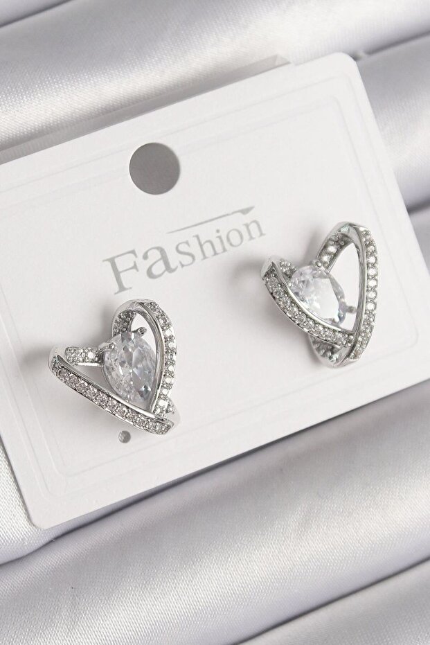 Brass Silver Color Zircon Stone Heart Model Women's Earrings