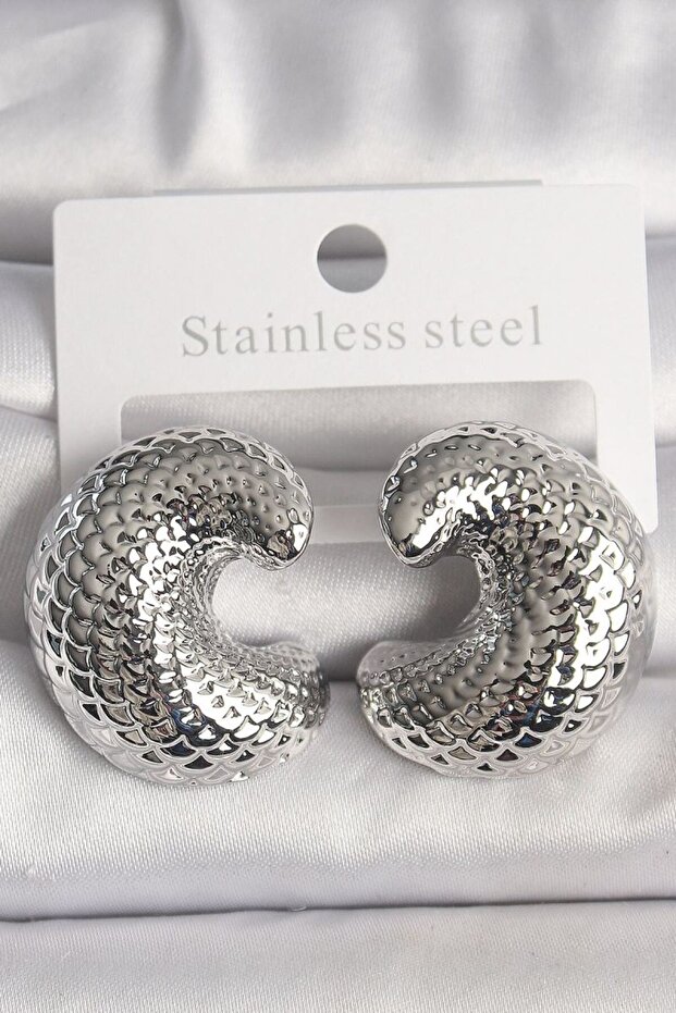 Brass Silver Color Snake Back Embroidered Half Hoop Model Women's Earrings