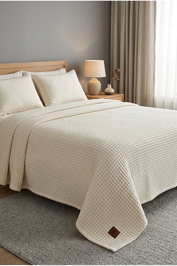 Ecru Luxury Knitted Pique Single & New Generation Stylish and Lightweight Design Knitted Bedspread - 165 X 215 Cm.