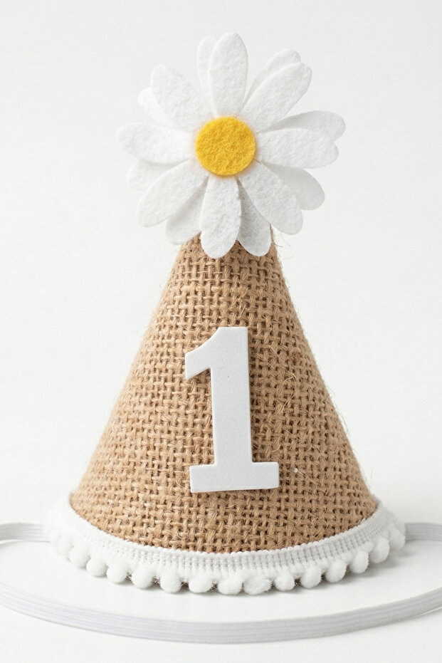 Beige 1 Year Old Daisy Themed Straw Funnel Birthday Crown
