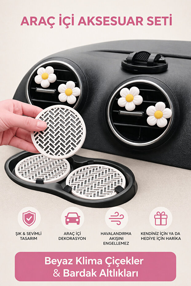 White Cup Holder Coaster & Yellow White Daisy Air Conditioner Ornament 6-Piece Car Interior Accessory Set