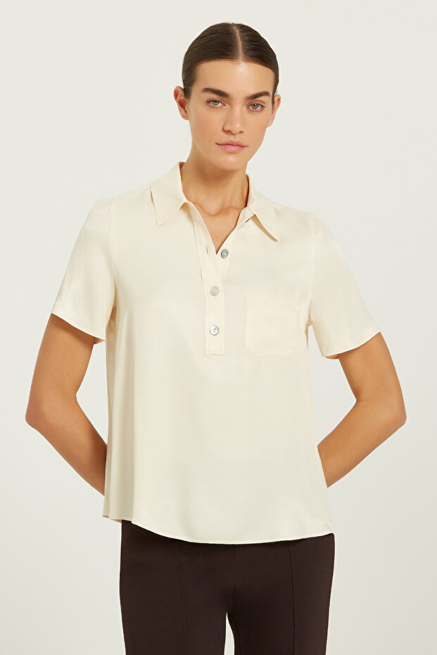 Beige Shirt Collar Buttoned Short Sleeve Blouse