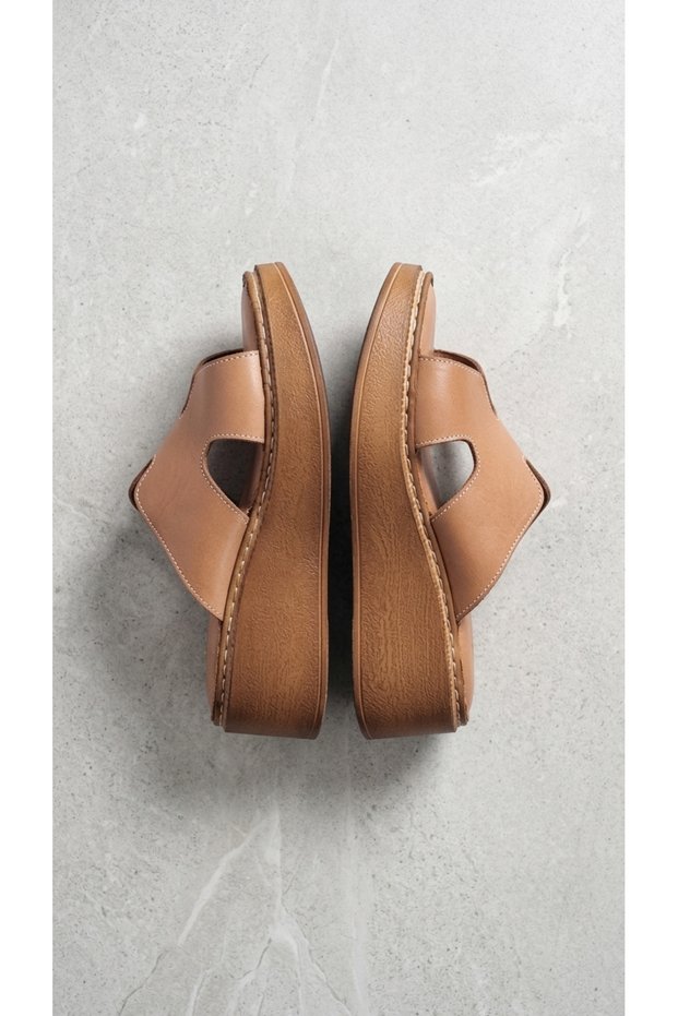 Snai Women's Genuine Leather Stitched Detailed Wedge Heeled Slippers B4562
