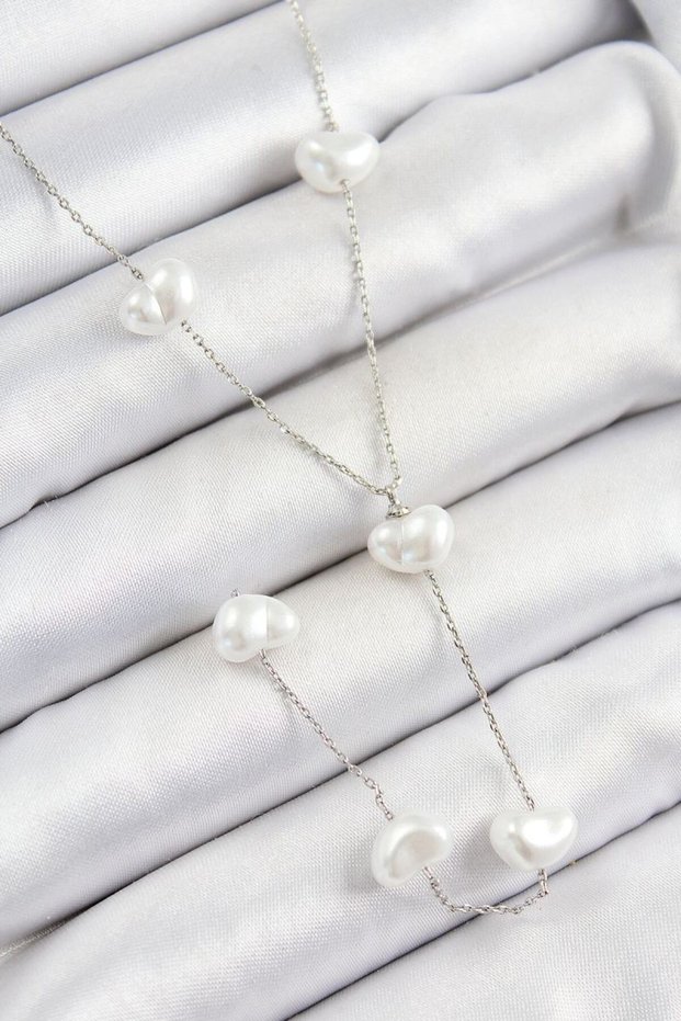 Y Model Silver Color Women's Necklace with Brass Pearl Heart Figure