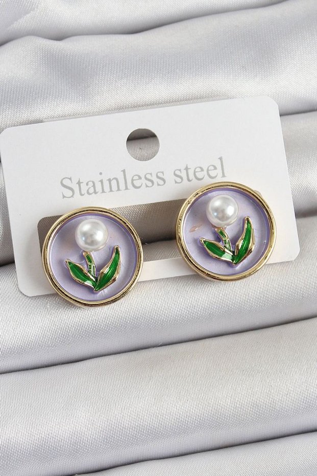 Brass Purple Enamel Tulip Figured Artistic Portrait Model Gold Color Women's Earrings