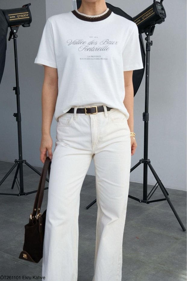 Women's Knitwear Detailed Printed Cotton T-Shirt