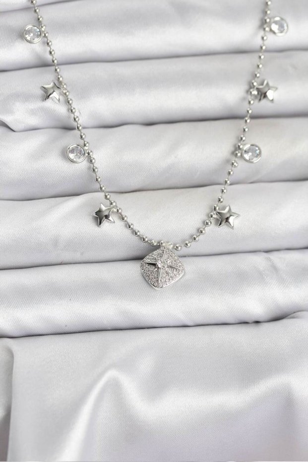 Brass Silver Color Zircon Stone Polar Star Model Women's Necklace
