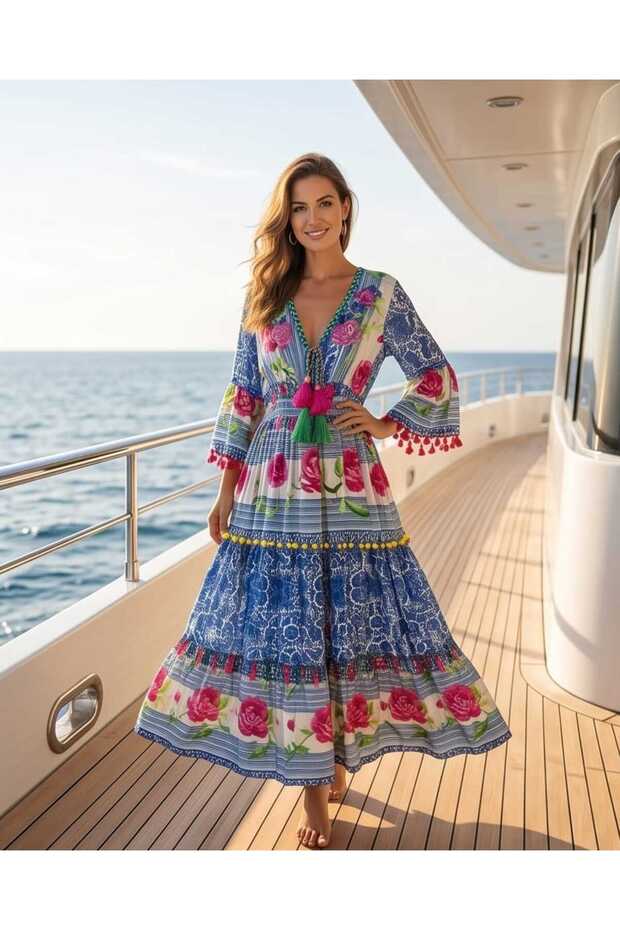 Women's Multicolor Ethnic Majolica Patterned Bohemian Dress - Layered Maxi Length with Tassel and Embroidery Detail