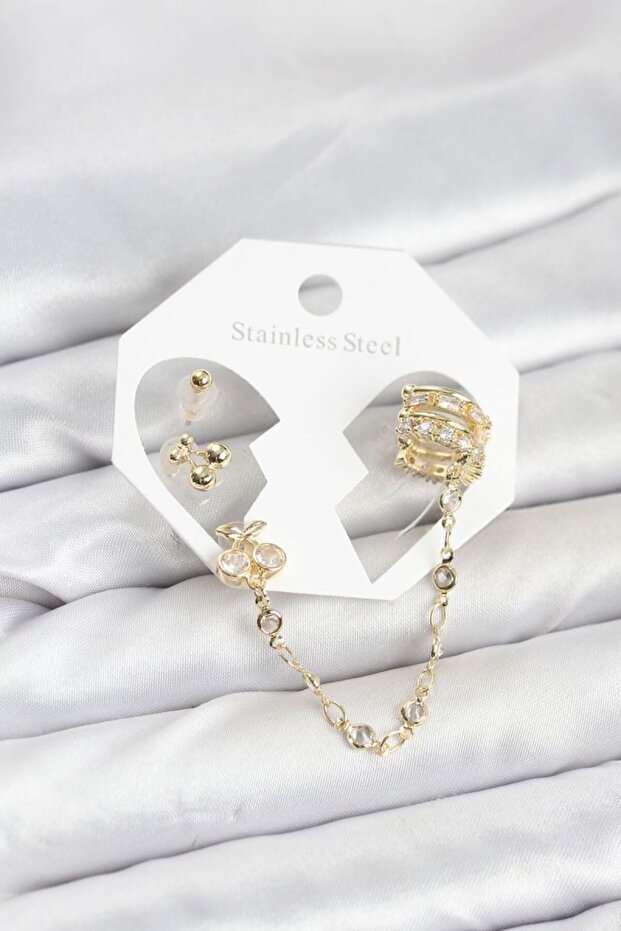 Cherry Model Brass Gold Color Chain Linked Ear Cuff Earring Set