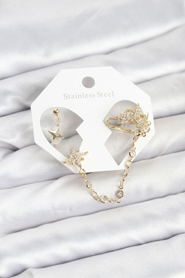 Polar Star Model Brass Gold Color Chain Linked Ear Cuff Earring Set
