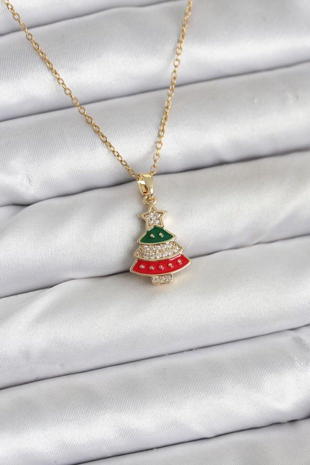 316L Steel Chain Gold Rhine Pine Tree Model Zircon Stone Christmas Themed Women's Necklace