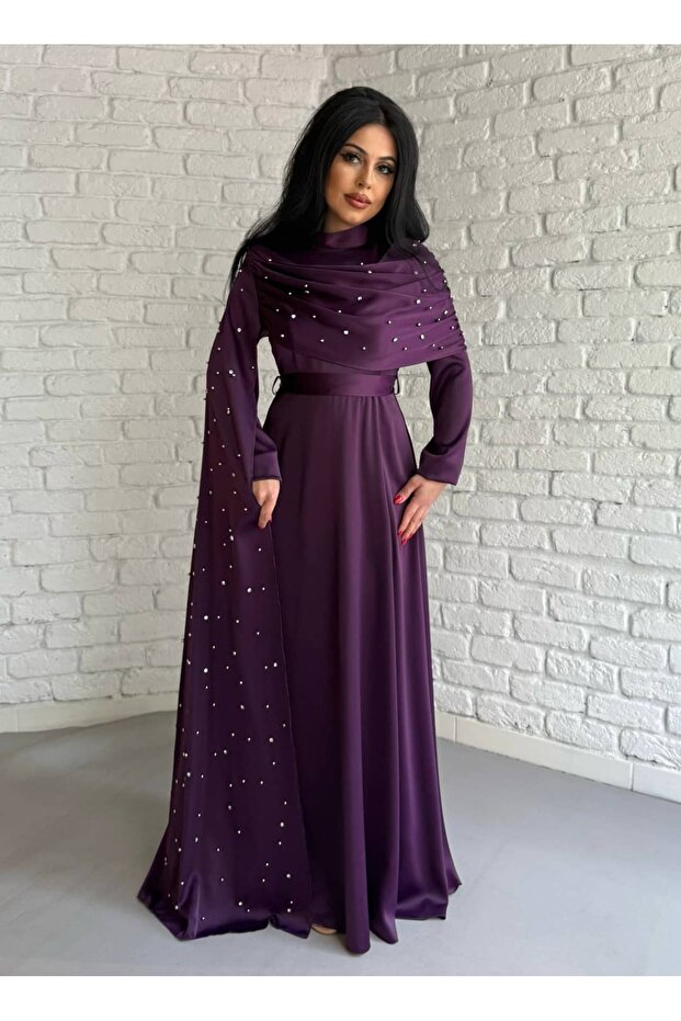 Women's Satin Long Stone-Embellished Cape Dress