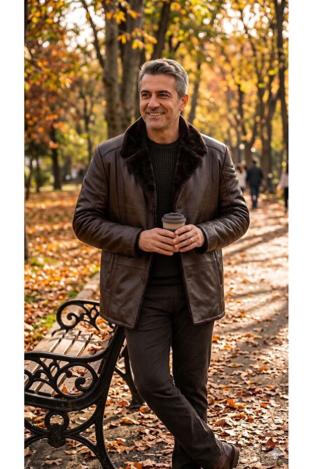 100% Genuine Lambskin with Full Fur Inside, Brown Men's Coat