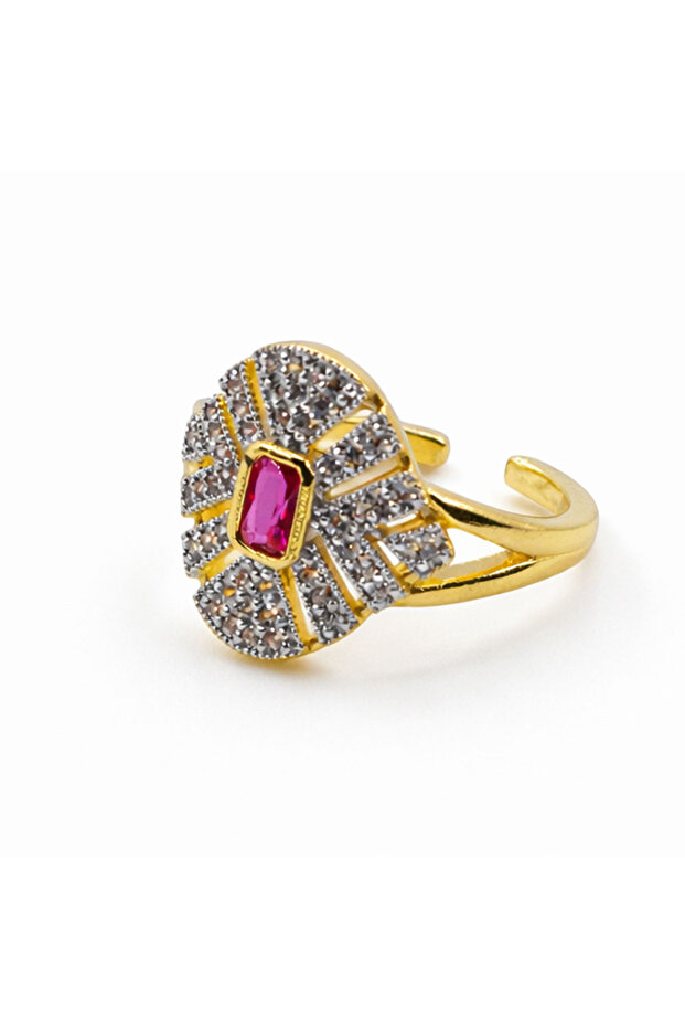 Gold Color Red Stone Detailed Adjustable Ring