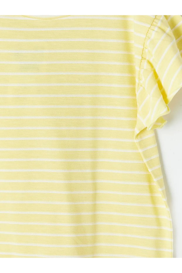 Yellow Crew Neck Striped Flounce Girls' T-Shirt