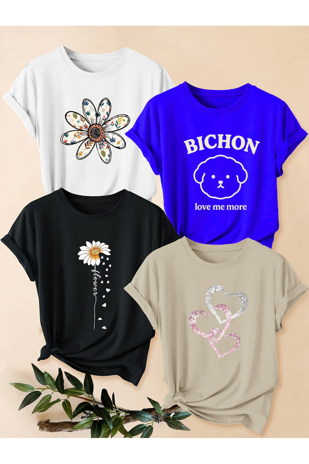 Unisex Mixed Print T-Shirt Set – 4-Pack Crew Neck Casual T-Shirts