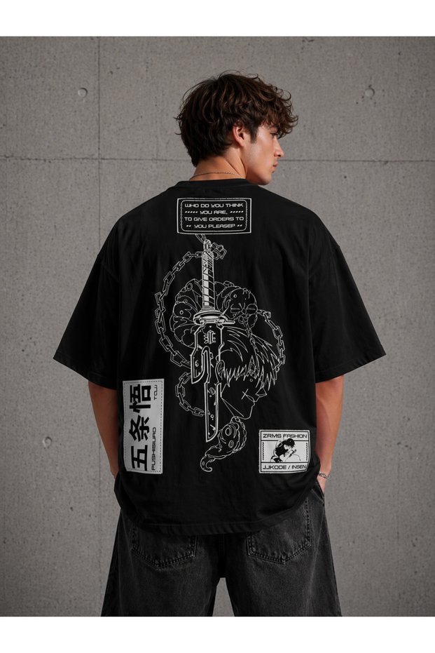 Anime Sword Printed Oversize Unisex T-Shirt Japanese Streetwear Manga Style Loose Fit