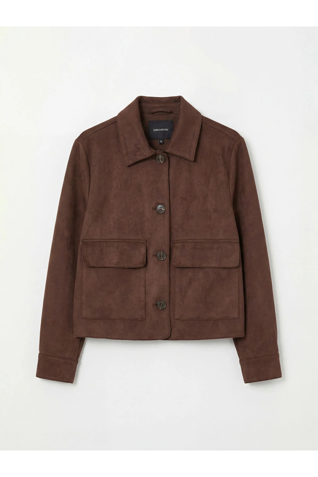 Brown Shirt Collar Women's Suede Look Jacket