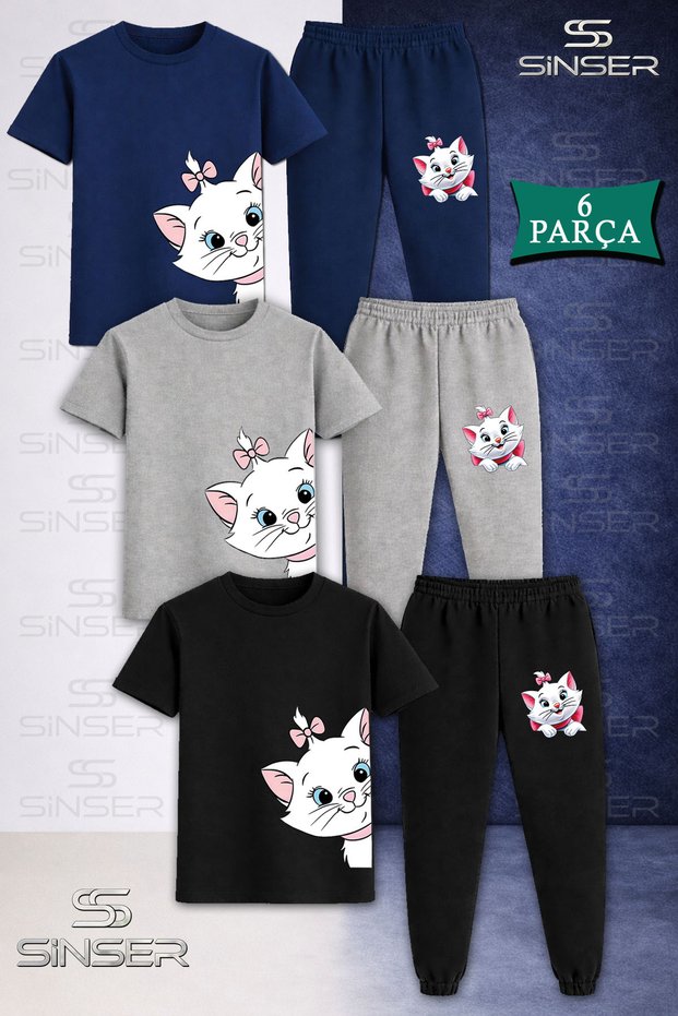 Children's Cat Head with Ribbons 3-Piece T-Shirt Tracksuit Set