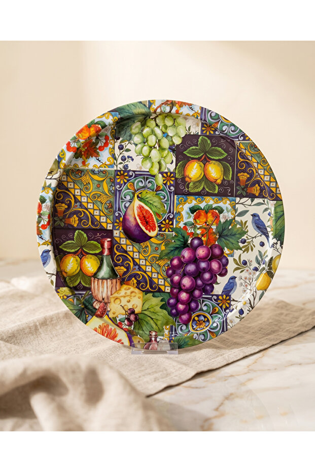 Zera Mixed Fruit Patterned Metal Serving Tray - Decorative Round Presentation Tray (35cm)