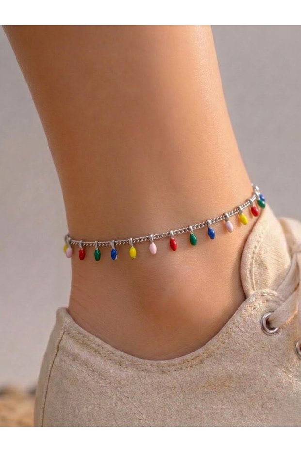 Colorful Anklet with Steel Silver Color Bars