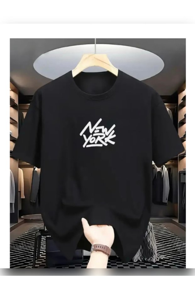 Unisex Oversized Printed Crew Neck Short Sleeve Black T-Shirt