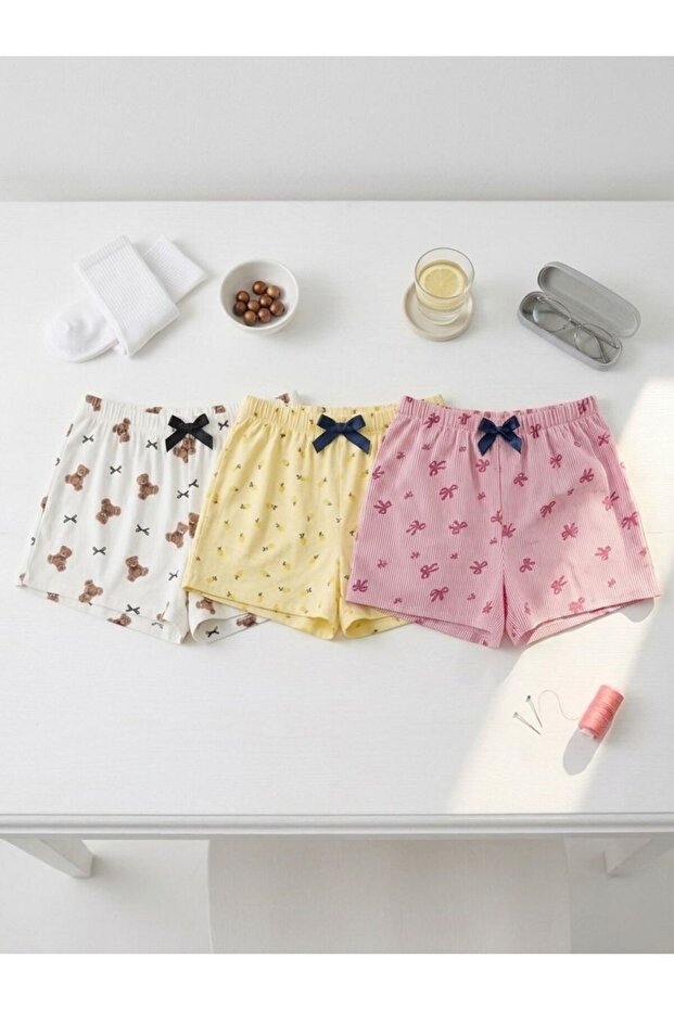 3-Piece Cotton Thin Breathable Satin Ribbon Waist Detail Ayicik-Li̇mon-Kurdele Patterned Shorts Single Bottom Pajamas