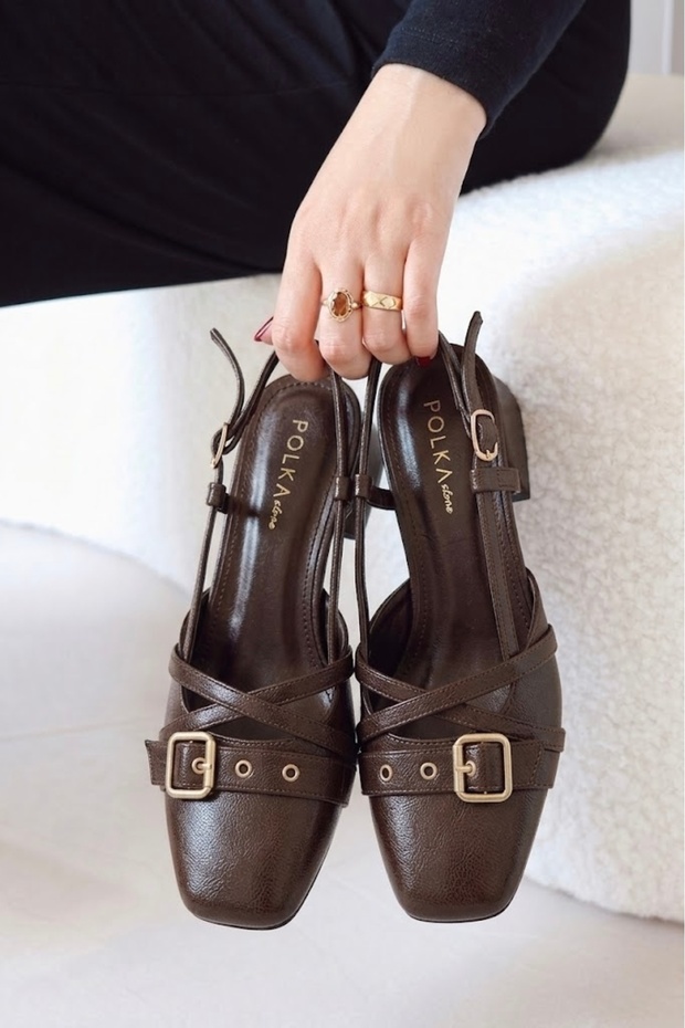 Bobby Buckle Open Back Cross Strap Short Block Heel Bitter Brown Suede Women's Shoes