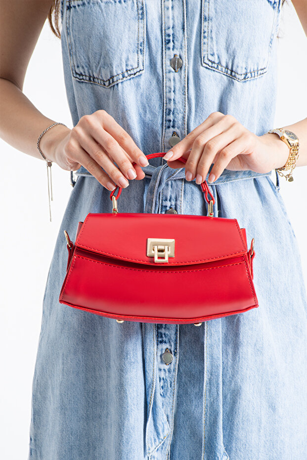 Nçs Red Lock Detailed Baguette Women's Crossbody Bag
