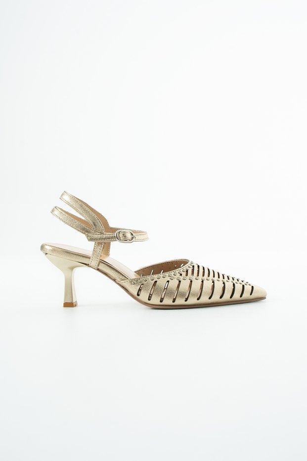 Motion Genuine Leather Laser Women's Gold Thin Heeled Shoes