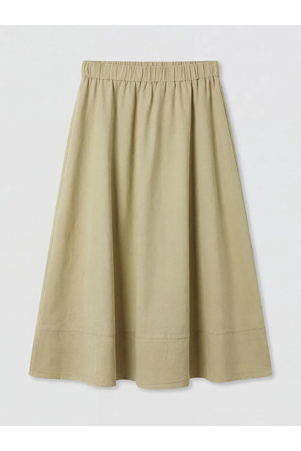 Beige Elastic Waist Flared Jean Skirt