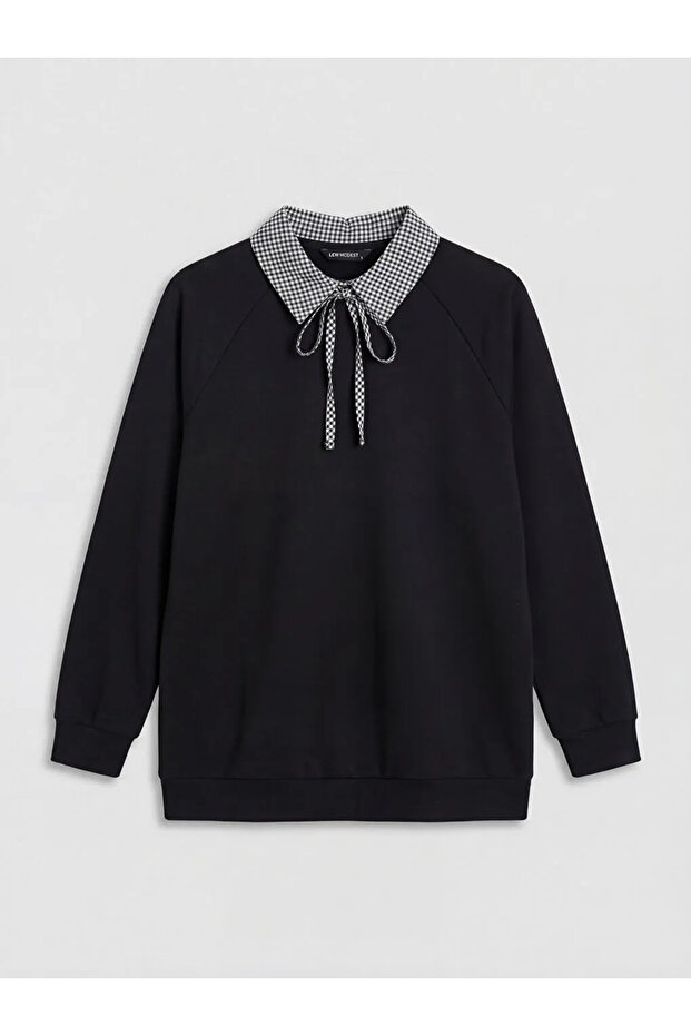 Black Shirt Collar Plaid Women's Sweatshirt Tunic