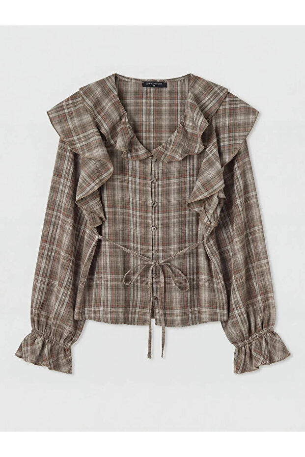 Brown V-Neck Plaid Ruffled Women's Shirt