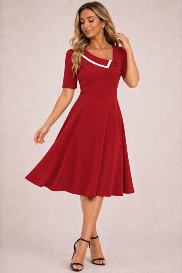 Women's Short Sleeve Asymmetrical Collar Detailed Midi Janjan Crepe Dress