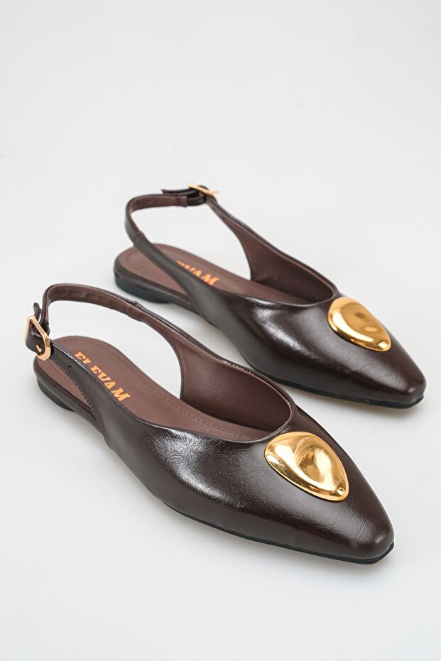 Women's Black Gold Detailed Open-Back Ballerinas