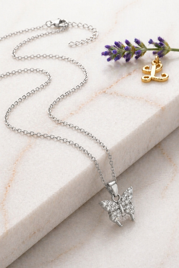 316L Steel Silver Color Zircon Stone Butterfly Necklace Anti-Allergic Non-Tarnish Women's Necklace