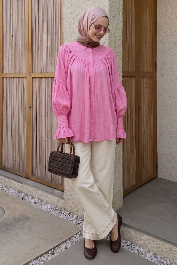 Ruffled Sleeve Pink Shirt