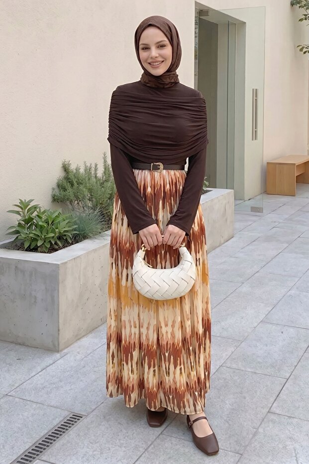 Chiffon Sandy Belted Draped Bitter Brown Marbled Pattern Dress