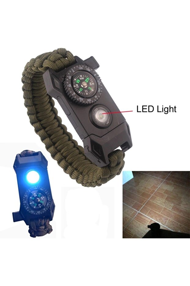سوار باراكورد مموه باللون الأخضر، مزود بإضاءة LED، وسكين، ومشعل نار، وصافرة، وبوصلة