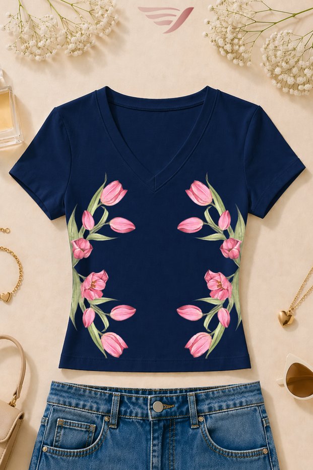 Women's Tulip Flower Printed Basic Daily Use V-Neck Slim Fit T-Shirt