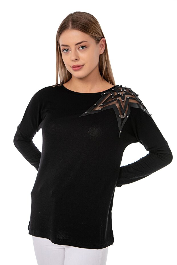 Women's Black Shoulder Star Applique Crew Neck Blouse