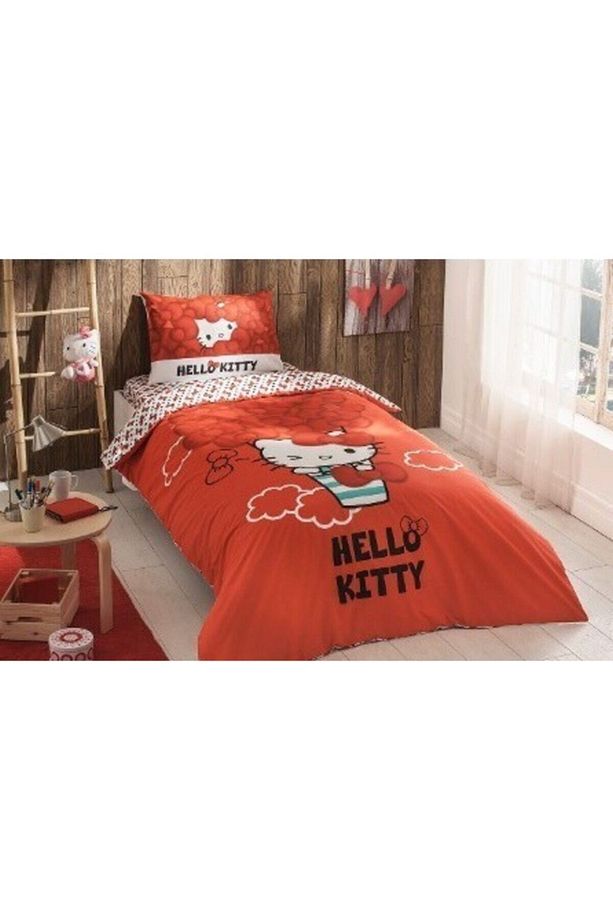 Kırmızı Lisanslı Hello Kity Temalı Tek Kişilik Nevresim Takımı - 1