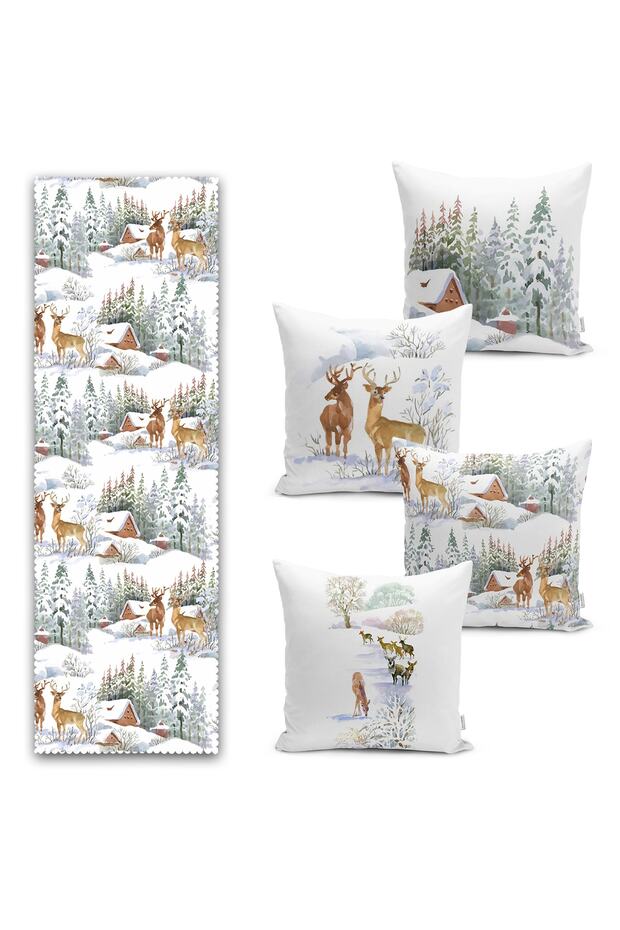 Winter Themed Deer Detailed Tie House Concept 4 Throw Pillow 1 Runner Set