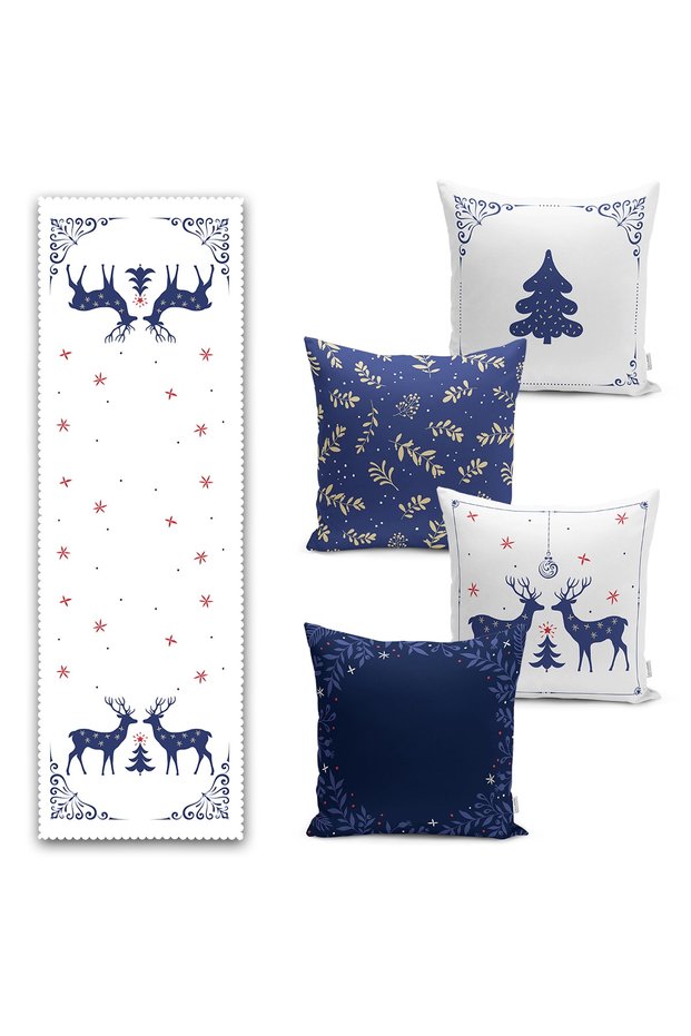 Navy Blue Colored New Year's Themed 4 Throw Pillow 1 Runner Set