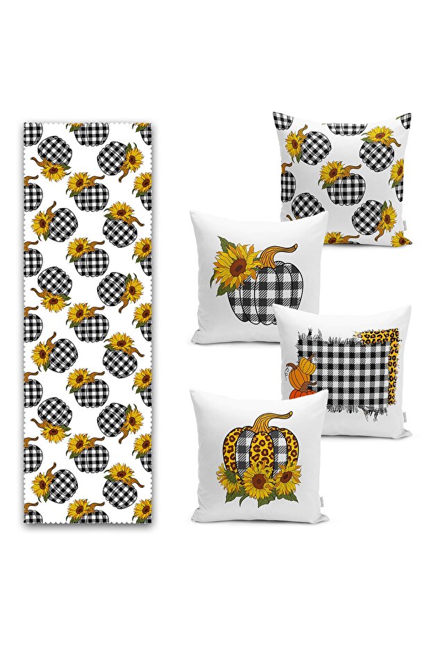 Black Plaid Pumpkin Sunflower Motif Set of 4 Throw Pillow Cases and Runner
