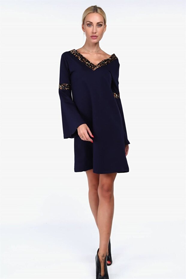 Ispanyol Kol Baskılı Şeritli Midi Elbise - 1